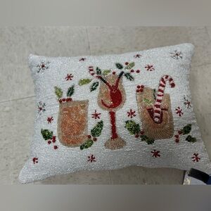 Festive Holiday Beaded Pillow with Red and Green Accents